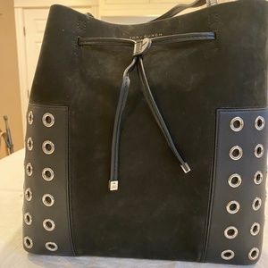 Tory Burch T Logo Black Suede Silver Grommet Tote